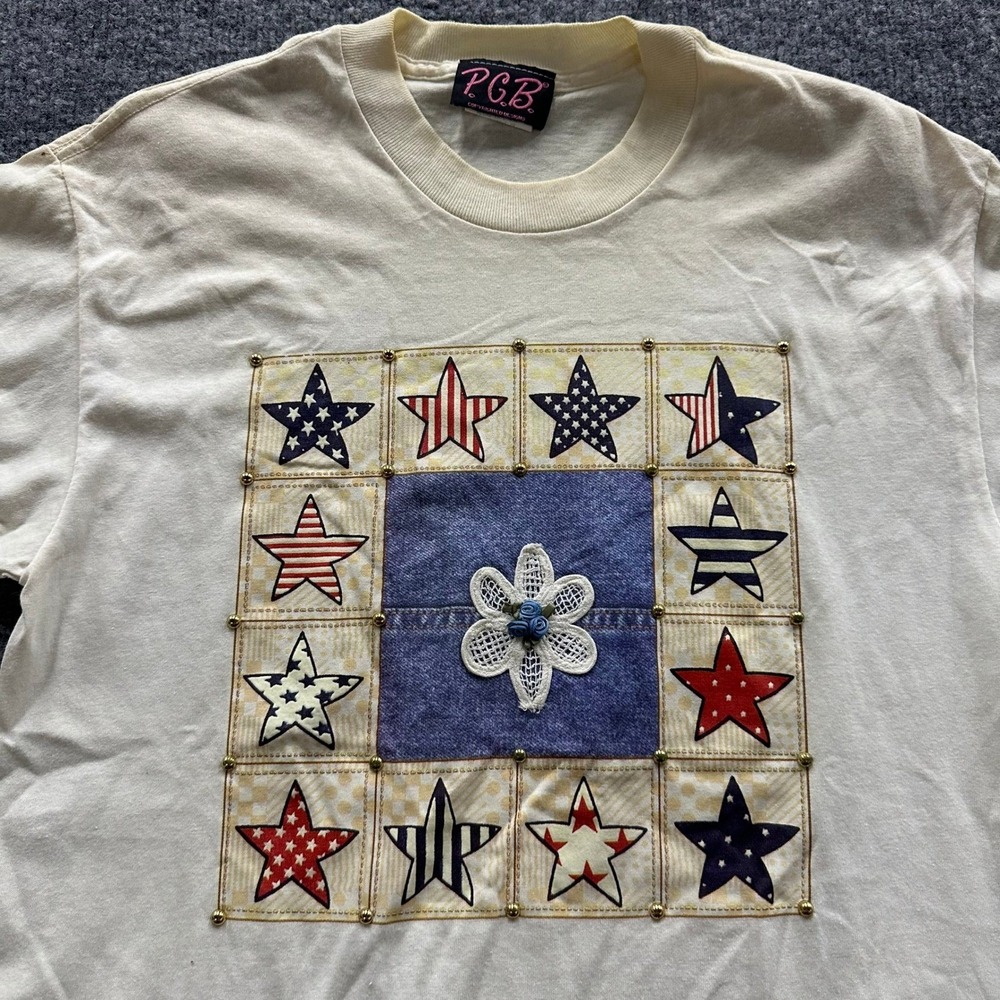 P.G.B. T-Shirt Womens Small Cream Patriotic Star Lace Flower Studded USA Vintage